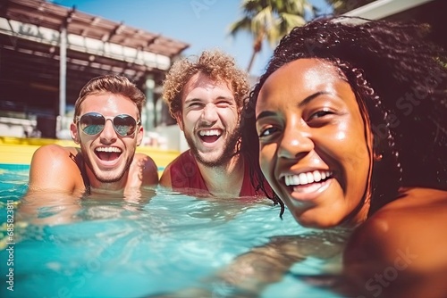 Happy Friends on an Inflatable Circle in Pool, Water Park Fun, Laughing Youth, Generative AI Illustration