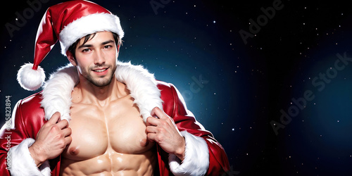 Handsome, shirtless man with well-defined abs wearing a red Santa hat and jacket against a starry night sky background
