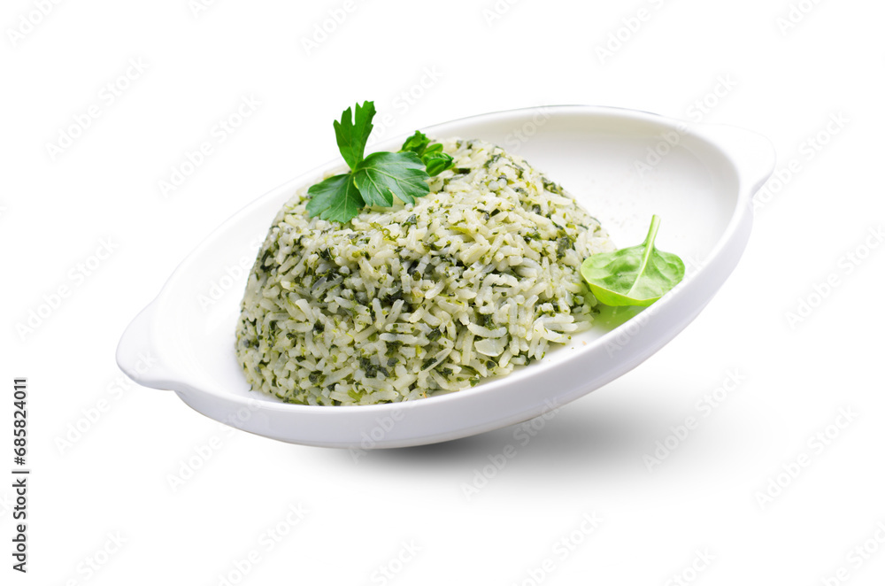 Spinach Rice on a Plate over White Background Spinach Rice on a Plate over White Background