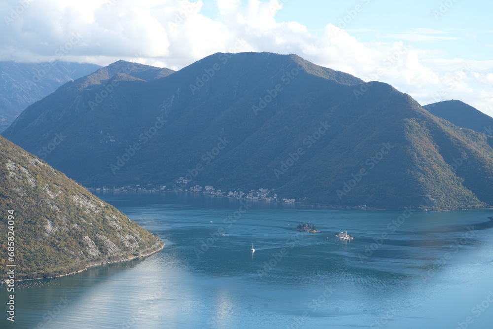 Boka Kotor Bay in Montenegro against the backdrop of mountains, top view