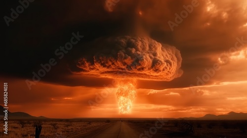 Big explosion in the desert. Dramatic sunset over the road. Nuclear explosion. Atomic Bomb. World War 3 Concept.