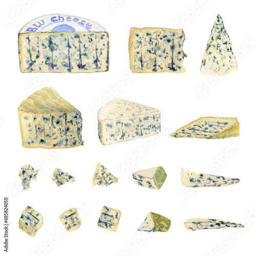 Various varieties of blue cheese, heads and pieces. Clipart. Watercolor, hand drawn art illustration isolated. For cards, handmade textiles, prints, menus, posters.