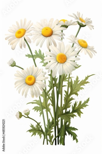 Chamomile plant with blossom and leaf isolated over white background