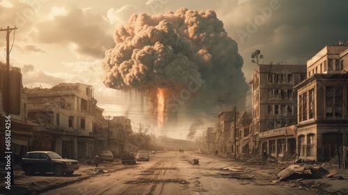 3D illustration of a big blast in the middle of the city. Nuclear explosion. Atomic Bomb. World War 3 Concept.