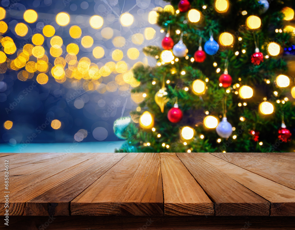Empty wooden table top with defocused bokeh Christmas Fair lights background. Template for product display. New year and xmas ideas. Empty wooden table top with defocused bokeh Christmas Fair lights background. Template for product display. New year and xmas ideas.