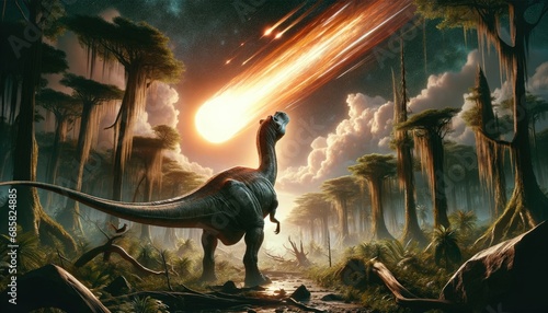 Fototapeta Naklejka Na Ścianę i Meble -  Dinosaur witnessing meteor impact