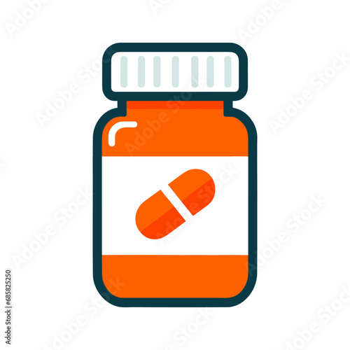 Pill bottle icon. Pharmaceutical industry. Medicament, capsules jar, antibiotic, pharmacy, healthcare. Flat vector illustration, EPS 10.