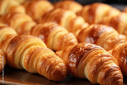 Pistachio Croissant, Fresh Puff Pastry Pie on Green Background, Sweet Kipferl with Pistachio photo