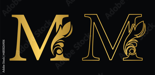 letter M golden. flower letters. Vintage ornament initial Alphabet. Logo vector	