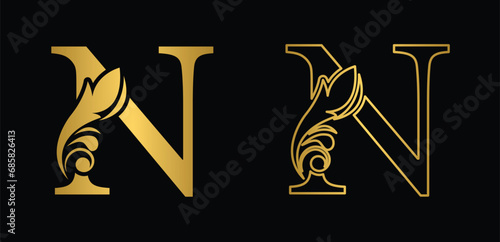 letter N golden. flower letters. Vintage ornament initial Alphabet. Logo vector	
