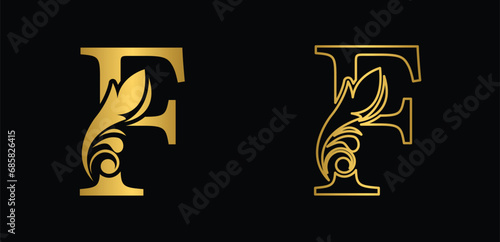 letter F golden. flower letters. Vintage ornament initial Alphabet. Logo vector	