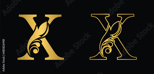 letter X golden. flower letters. Vintage ornament initial Alphabet. Logo vector	