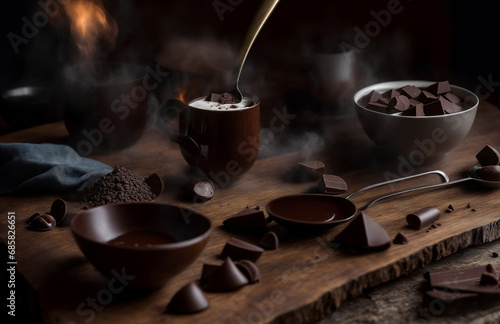 Bodegón con diferentes tipos de chocolate, cucharas, espátulas y jarras, sobre mesa de madera.