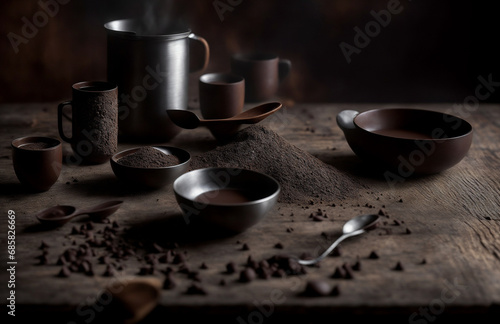 Bodegón con diferentes tipos de chocolate, cucharas, espátulas y jarras, sobre mesa de madera.