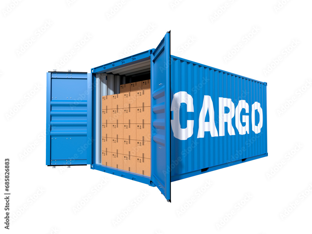 Ship cargo container, metallic freight box filled with individual cardoard boxes. Png clipart isolated on transparent background Ship cargo container, metallic freight box filled with individual cardoard boxes. Png clipart isolated on transparent background