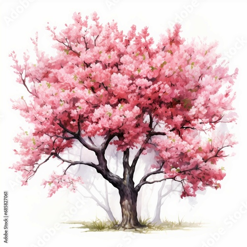 Watercolor a tree in full bloom with pink and white blossoms, white background. AI generate © PandaStockArt