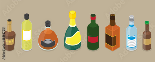 3D Isometric Flat Vector Set of Bottles with Alcohol Drinks, Cocktail Beverages