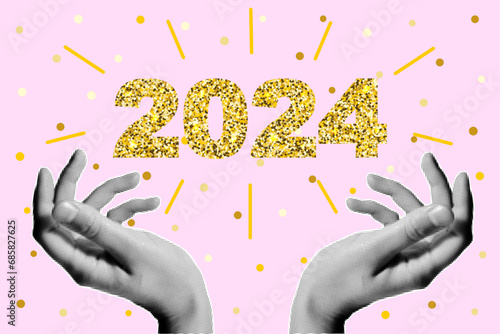 Halftone collage banner in retro style, two palms and a floating glitter inscription 2024 on a pink background. Merry Christmas and Happy New Year poster, metallic confetti.