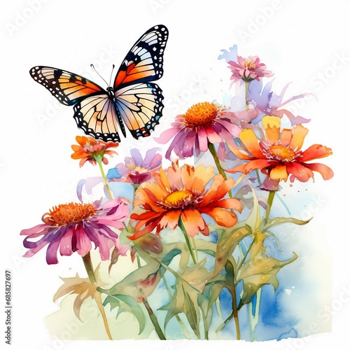 Watercolor a butterfly resting on a colorful flower, white background. AI generate