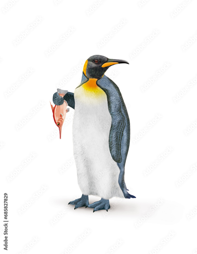 Fototapeta premium un manchot empereur avec une écharpe qui tien un poisson bécasse de mer dans la main