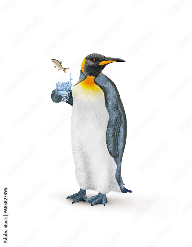 Fototapeta premium un manchot empereur avec une écharpe qui tien un verre de poisson melonote qui s'échappe