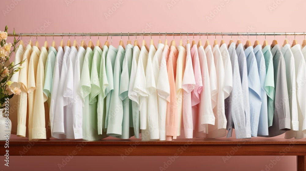 Present a blend of soft, pastel-colored spring shirts arranged in an artful display.