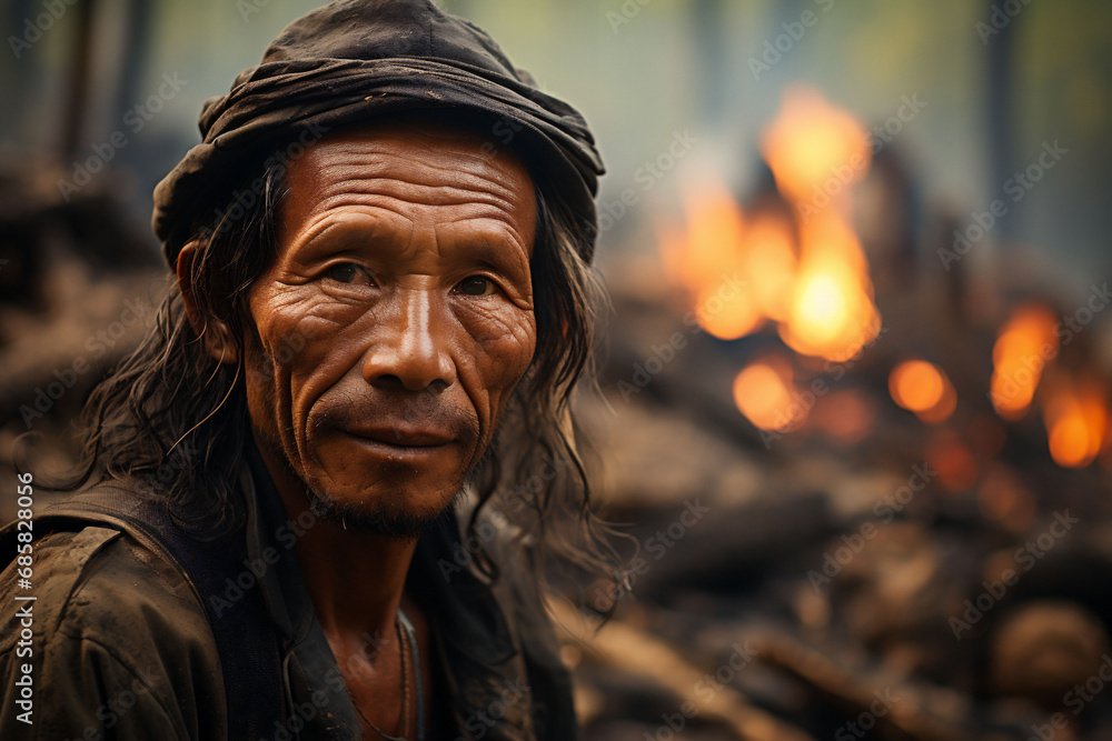 A black smiling asian working class man with wrinkles in a dark dirty shirt and with a hat and shoulder long dark hair. Deforestation and some kind of fire in progress. Copy space.