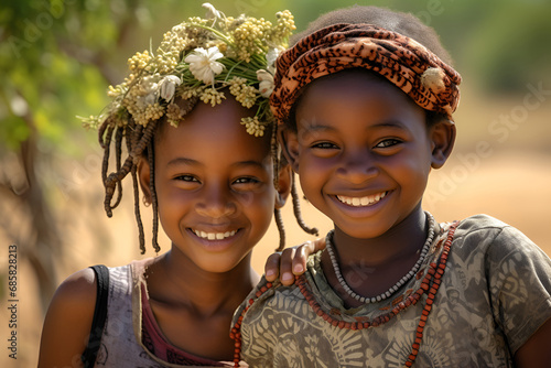 Happy African children smiling on the background of nature, the problem of poverty in Africa 3 photo