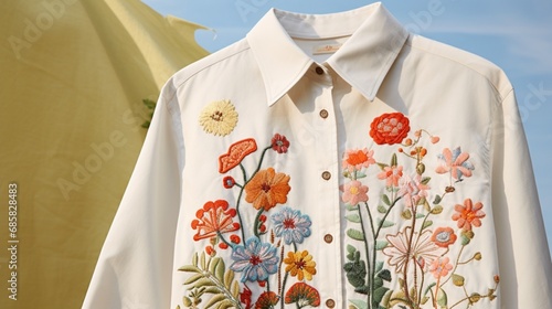 Produce an image of a button-down spring shirt adorned with intricate, nature-inspired embroidery. © Javeed_Art