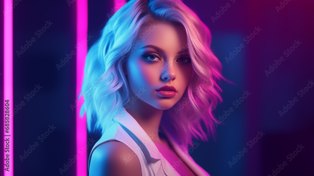 Portrait of beautiful young woman with curly blonde hair in neon lighting. Beauty model in nightclub ultraviolet rays