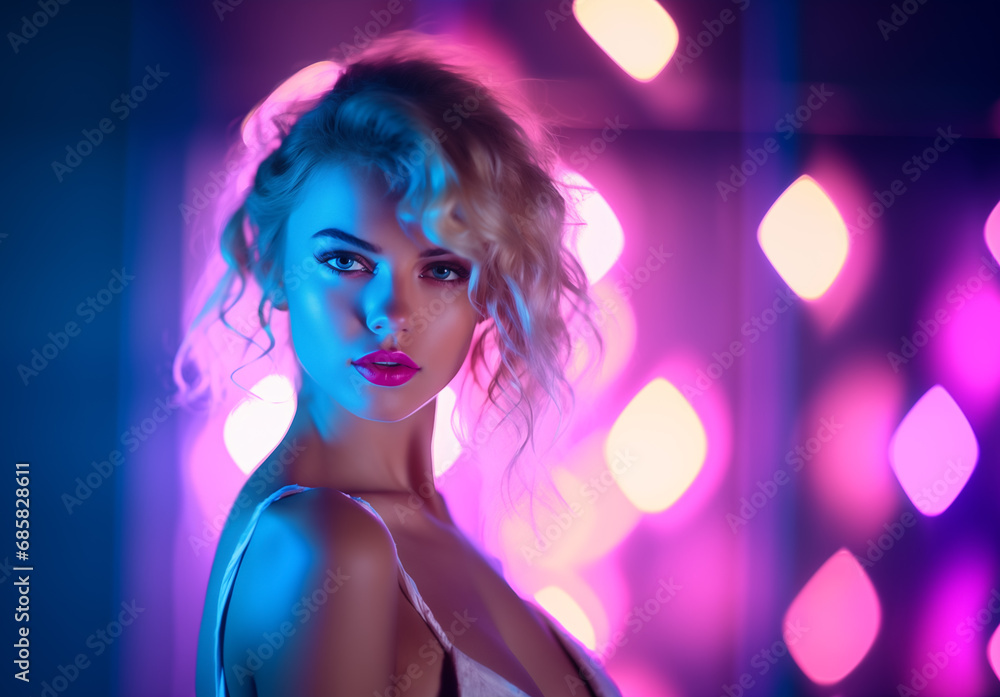 Portrait of beautiful young woman with curly blonde hair in neon lighting. Beauty model in nightclub ultraviolet rays Portrait of beautiful young woman with curly blonde hair in neon lighting. Beauty model in nightclub ultraviolet rays