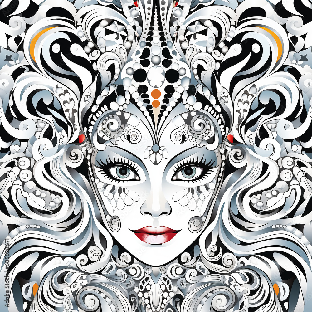 woman snow queen in mask with different ornament