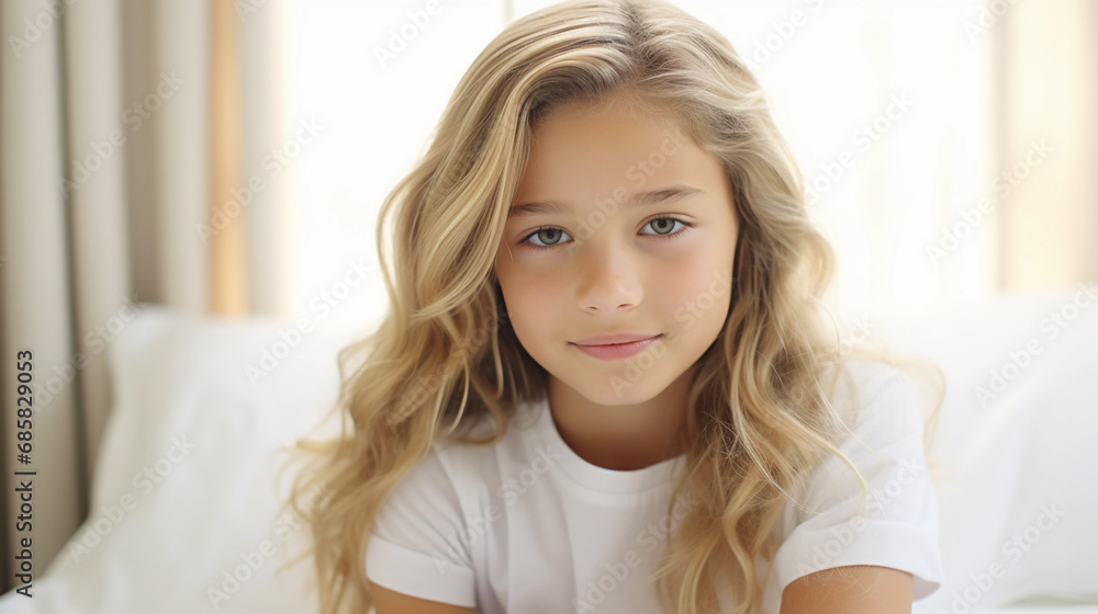 Cute 9 years old blond girl sitting on her bed and smiling in morning, cozy bedroom, closeup portrait Cute 9 years old blond girl sitting on her bed and smiling in morning, cozy bedroom, closeup portrait