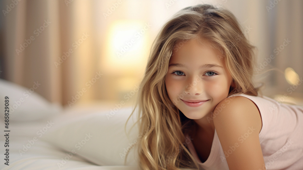 Cute 9 years old blond girl sitting on her bed and smiling in morning, cozy bedroom, closeup portrait Cute 9 years old blond girl sitting on her bed and smiling in morning, cozy bedroom, closeup portrait