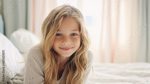 Cute 9 years old blond girl sitting on her bed and smiling in morning, cozy bedroom, closeup portrait © amila