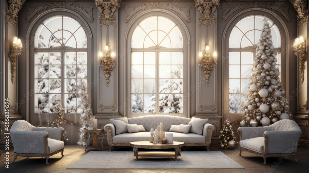 Christmas and New Year classic interior in white colors. Festive living room with large arch windows, sofa with cushions, decorated Christmas fir tree, candles and lampshade.