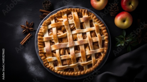 Delicious homemade apple pie with freshly picked apples and cinnamon sticks on a rustic wooden background.Generative AI.