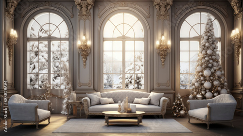 Christmas and New Year classic interior in white colors. Festive living room with large arch windows, sofa with cushions, decorated Christmas fir tree, candles and lampshade.