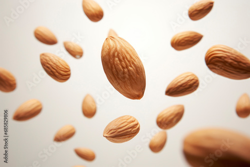 Almonds fall in pile on gray gradient background. Creative concept of floating healthy snacks. Background of falling almonds. Levitation of nuts. Close-up. Copy space.