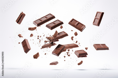Chocolate bars fall in pile on white background. Creative concept of floating healthy tasty snacks. Background of falling chocolate. Levitation of chocolate bars. Close-up. Copy space.