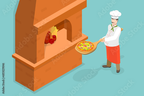 3D Isometric Flat Vector Illustration of Stone Oven Pizza, Professional Bakery