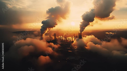AI-generated video. Concept of air pollution and global warming. Large industrial factories that are emitting toxic fumes, dust and pollution. photo