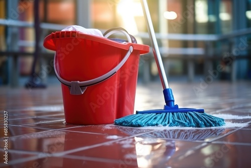 Closeup Of Red Bucket And Mop For Cleaning Premises Highquality Photo