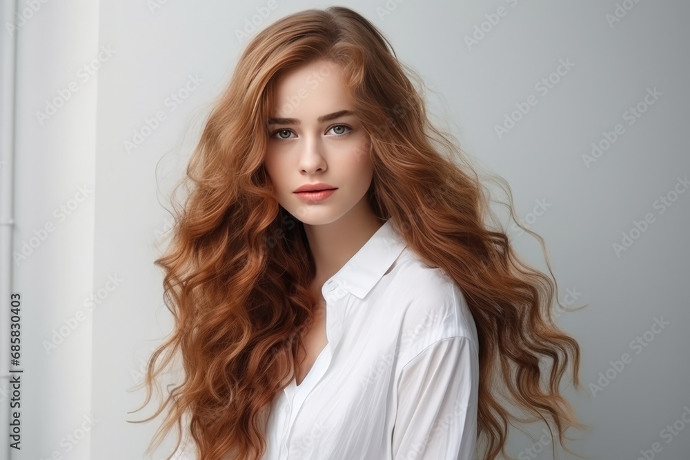 Elegant Woman With Long, Flowing Locks And Charming Aura On The Background Of White Wall Elegant Woman With Long, Flowing Locks And Charming Aura On The Background Of White Wall