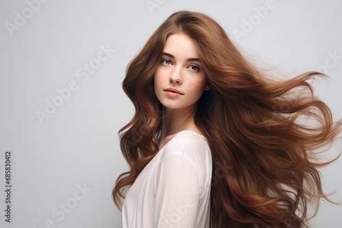 Elegant Woman With Long, Flowing Locks And Charming Aura On The Background Of White Wall