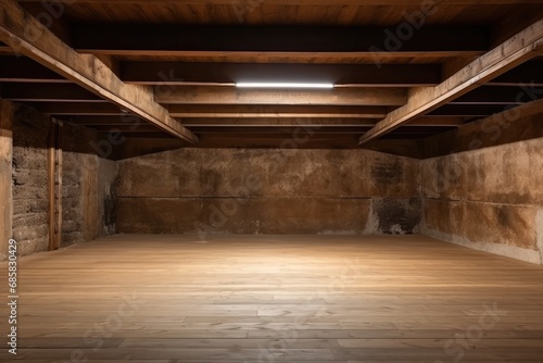Empty Wooden Space In The Basement Potential For Storage Or Creativity. Сoncept Basement Storage, Creative Workspace, Transforming Empty Space
