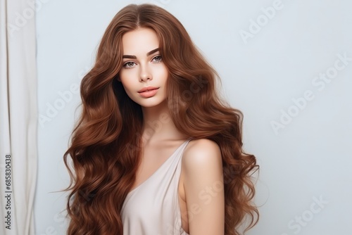 Enchanting Woman With Silky, Flowing Tresses On The Background Of White Wall