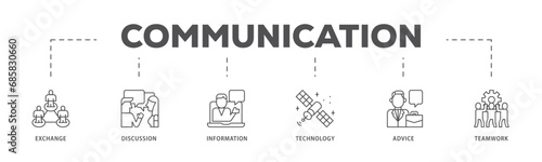 Communication infographic icon flow process which consists of exchange  discussion  information  technology  advice  and teamwork icon live stroke and easy to edit 