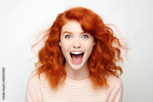 Energetic Redhead Radiating Youthful Enthusiasm On The Background Of White Wall