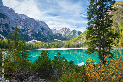 Green-blue lake amid mountains and a forest of pines  spruce and larch in the Dolomites of Italy